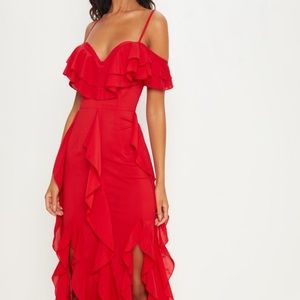 PrettyLittleThing Red Cold Shoulder Ruffle Detail Maxi Dress